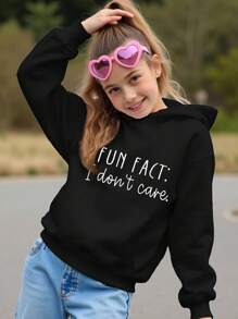 SHEIN Leap Crew 少女可愛黑白字母圖案連帽冬季運動衫，長袖休閒套頭衫，適合秋季返校穿著 - 黑色 - 查看 4