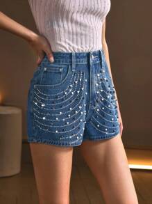 SHEIN Frenchy Women's Fashion Rhinestone & Rivet Decorated Denim Shorts, Summer - Blue - View 4