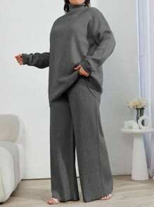 EURMUSE 2pcs High Neck Drop Shoulder Sweater And Ribbed Solid Color Sweater Pants - Dark Grey - View 3