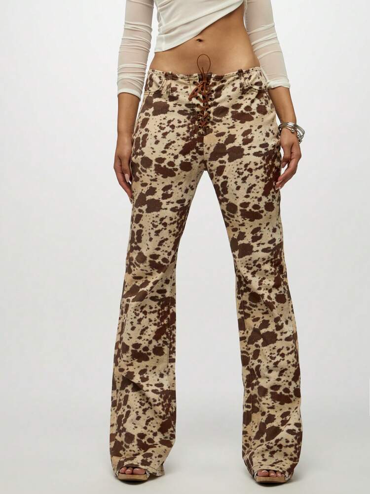SUMWON WOMEN Cow Print Flare Jeans With Lace Up Front Detail