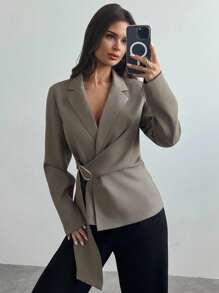 Firerie Veste de tailleur femme avec décoration métallique, imitation lin marron gris / Vêtements femme pour l'automne / Tenues femme pour l'automne / Tenues pour la rentrée / Homecoming / Tenue décontractée chic pour femme / Style "Old Money" pour femme / Tenues de bureau pour femme / Tenues de sortie pour femme - Taupe - Voir 4