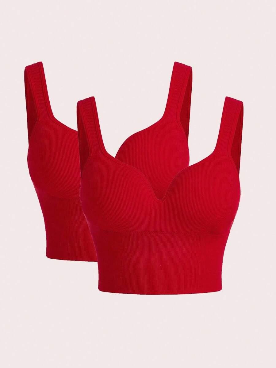 SHEIN Velisys Minimalist Solid Color Comfortable Padded Sports Bra Red Crop Top Red Bra Top Tops With Built In Bra Red Top Red Ribbed Crop Top - Multicolor - View 1