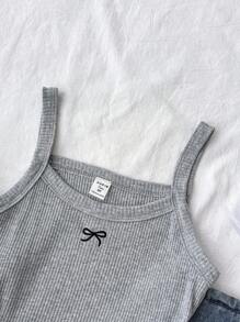 SHEIN 少女灰色针织蝴蝶结刺绣吊带迷你甜美休闲上衣，春夏百搭基础款，日常百搭，适合返校季 - 灰色 - 查看 3