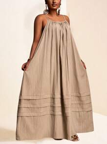 Veslaya Vestido holgado de color albaricoque con tirantes sin mangas, con bolsillos, dobladillo con volantes en capas, tela con textura tejida, vestido de talla grande - F, nueva colección Primavera/Verano 2025