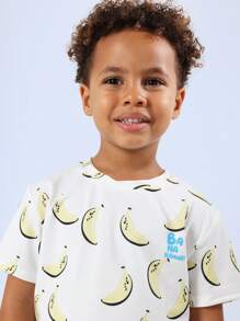 SUMWON Ensemble coordonné d'été pour enfants. T-shirt avec imprimé banane, shorts en jersey avec cordon de serrage. Tenue de plage décontractée pour les vacances. Confort toute la journée, coupe ample