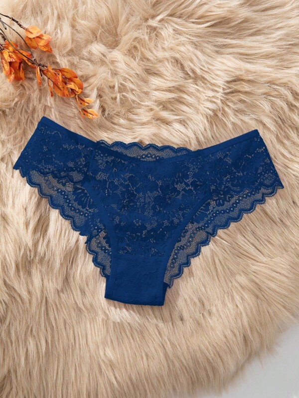 SHEIN Seamless Panties (Briefs) With Lace Trim, Navy Blue