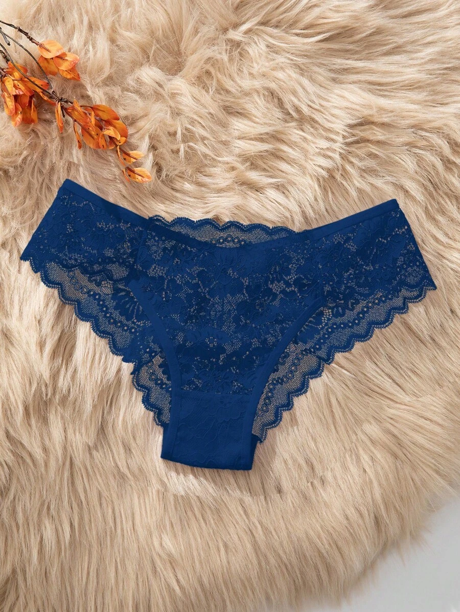 SHEIN Seamless Panties (Briefs) With Lace Trim, Navy Blue - Navy Blue - View 1