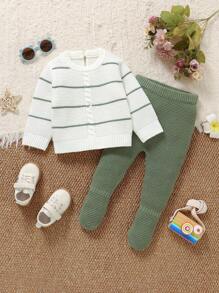 SHEIN 婴儿毛衣套装 - 圆领条纹长袖上衣 + 松紧腰紧身裤，2 件套休闲装 - 綠色 - 查看 6