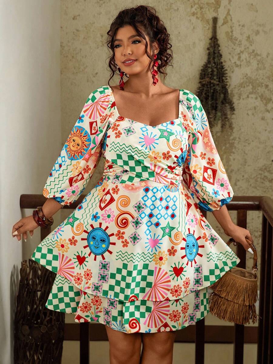 SHEIN VCAY Váy cổ trái tim in họa tiết cổ điển nhiều màu cỡ lớn cho nữ, váy viền bèo nhún hai lớp; váy ngắn in họa tiết kẻ caro hoa cổ điển cho mùa hè - Nhiều màu - Xem 1
