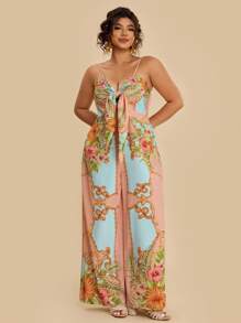 Travachic Plus Size Women Pink Floral Painting Print Sleeveless Jumpsuit,Front Bowknot Boho Summer Vacation Holiday Resort Beach Tropical Outfits With Pockets - Multicolor - View 7