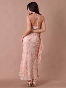 Enchnt Vestido largo de sirena con cuello de capucha, tirantes de espagueti, espalda descubierta y decoración de volantes con estampado floral rosa coral para mujer, para verano/otoño - Multicolor - Ver 7