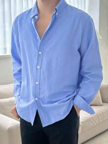 DAZY Men's Blue Textured Fabric Shirt, Suitable For Spring And Autumn Long Sleeve Men Shirt, Fall Buisness Attire