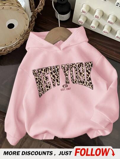 SHEIN Tween Girls' Casual Hooded Thick Sweatshirt, Suitable For Autumn/Winter Pink Hoodies For Girls Cute Sweatshirts For Girls Cheetah Print Hoodie Leopard Print Hoodie New York Hoodie Fall