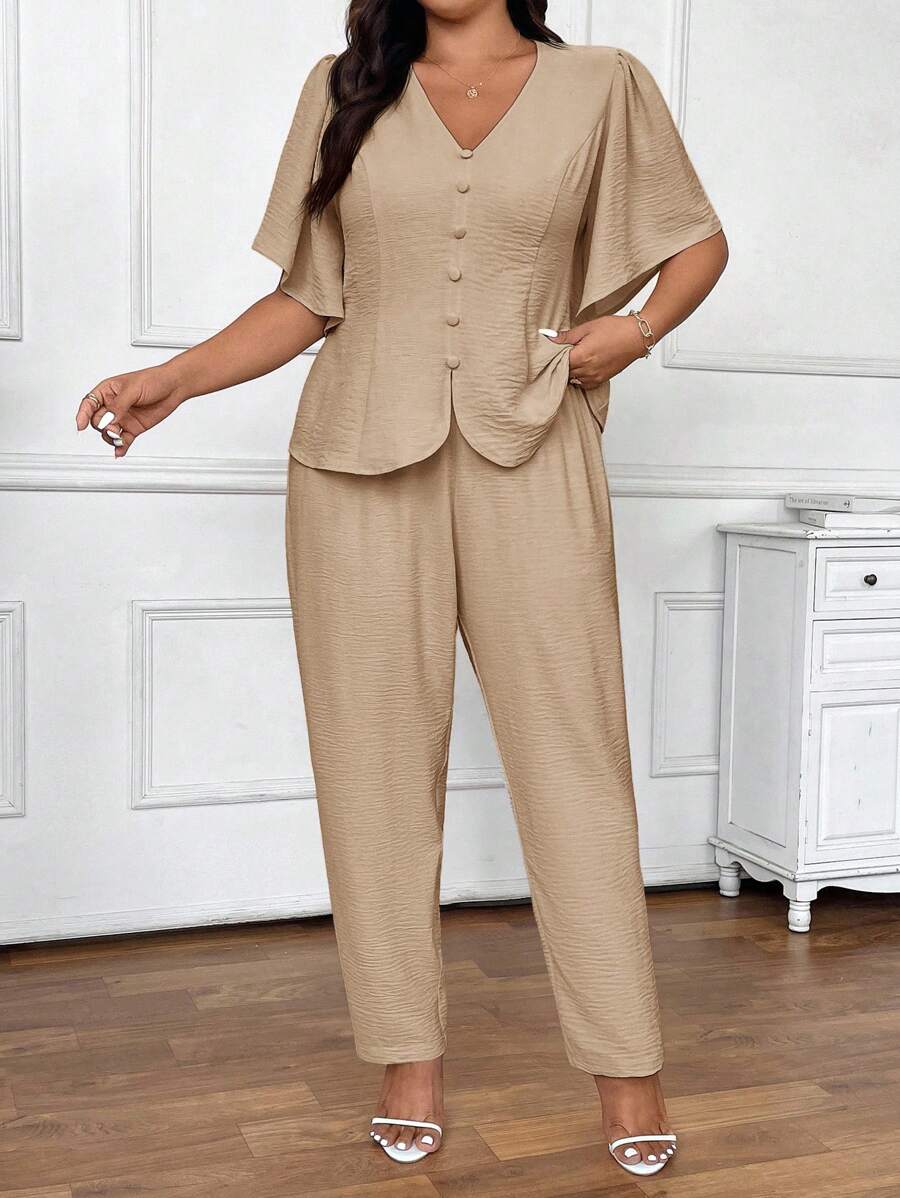 SHEIN Frenchy Bộ quần áo và áo liền quần họa tiết màu trơn đơn giản cỡ lớn mùa hè, trang phục công sở thường ngày cho nữ, trang phục ngày lễ cho nữ vào mùa thu/đông - Màu Khaki - Xem 1