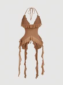 SHEIN MOD Áo thun nữ cổ yếm phối ren hoa 3D và viền bèo nhún màu kaki lãng mạn mùa hè Áo thun nữ mùa hè Áo thun nữ gợi cảm cổ yếm - Màu Khaki - Xem 2