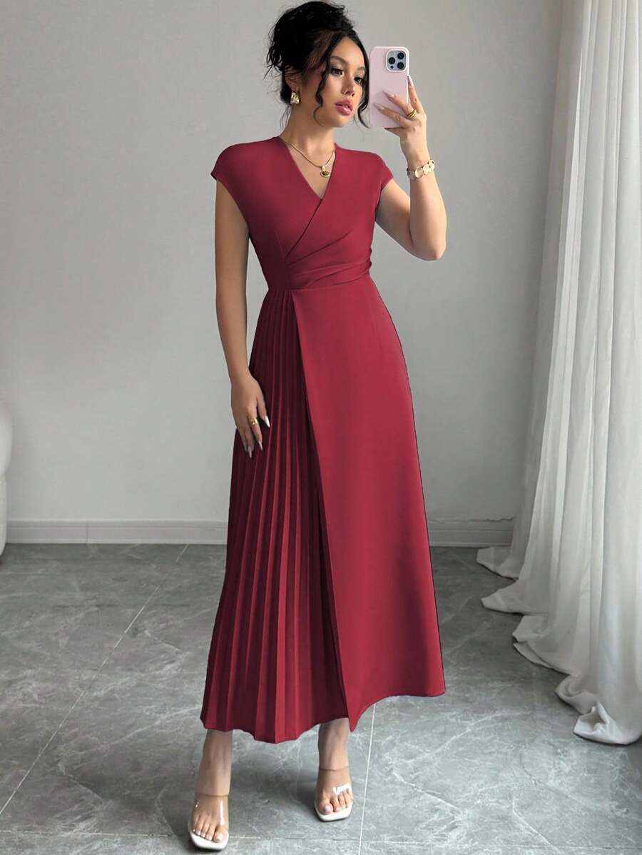 Elenzga Women's Elegant Simple Cross V-Neck Waist Pleated Hem Dress With Dropped Shoulder Sleeves, Suitable For Office, Casual, Vacation And Afternoon Tea, Spring & Summer - Burgundy - View 1