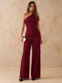 SHEIN BAE Bộ đồ liền thân ống rộng vai bất đối xứng màu đen dành cho nữ, trang phục đi chơi thanh lịch hàng ngày, hẹn hò, tiệc tùng, bộ đồ liền thân ống rộng vai bất đối xứng màu đen - Màu Đỏ Sâu - Xem 3