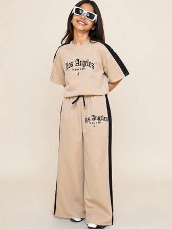 Tween Girl Loose Casual Comfy Pullover Colorblock T-Shirt And Pants Set