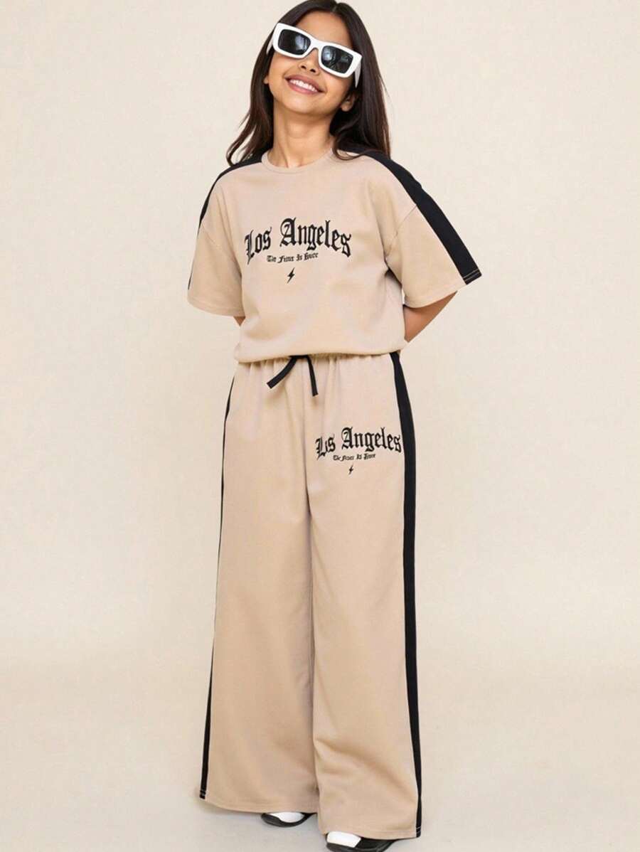 Tween Girl Loose Casual Comfy Pullover Colorblock T-Shirt And Pants Set