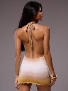 MUSERA 针织深V露背吊带荷叶边渐变针织修身低背迷你毛衣连衣裙，适合伊比沙岛性感度假、春夏节日、海滩装扮，优雅生日派对、锐舞派对、冬季约会之夜、晚宴等场合。 - 黑與白 - 查看 3