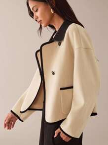 Lilora Women's Casual Contrast Color Lapel Drop Shoulder Long Sleeve Woolen Coat In Fall/Winter - Beige - View 7