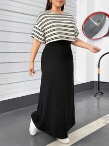 SHEIN Essnce Bộ đồ đôi nữ cỡ lớn mùa xuân hè, kiểu dáng thoải mái, rộng rãi, dễ chịu gồm áo crop top tay ngắn kẻ sọc màu mơ và áo vest đen, thích hợp mặc đi sân bay, đi chơi, dự tiệc, đi học, hoặc mặc ở nhà. - Màu be - Xem 6