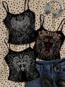 Attitoon 3pcs/Set Women Plus Size Punk Cross & Wing Print Camisole And Tank Top, Suitable For Summer Halloween,Fall Clothes For Women Punk Crop Tops Gothic Crop Tops - Black - View 7
