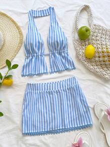 Soleia Textured Floral Trim Halter Cropped Backless Tie-Up Waist 2 Pieces Outfit For Women, Sexy Party Date Summer Wear For Vacation, Music Festival, Boho - Blue and White - View 1