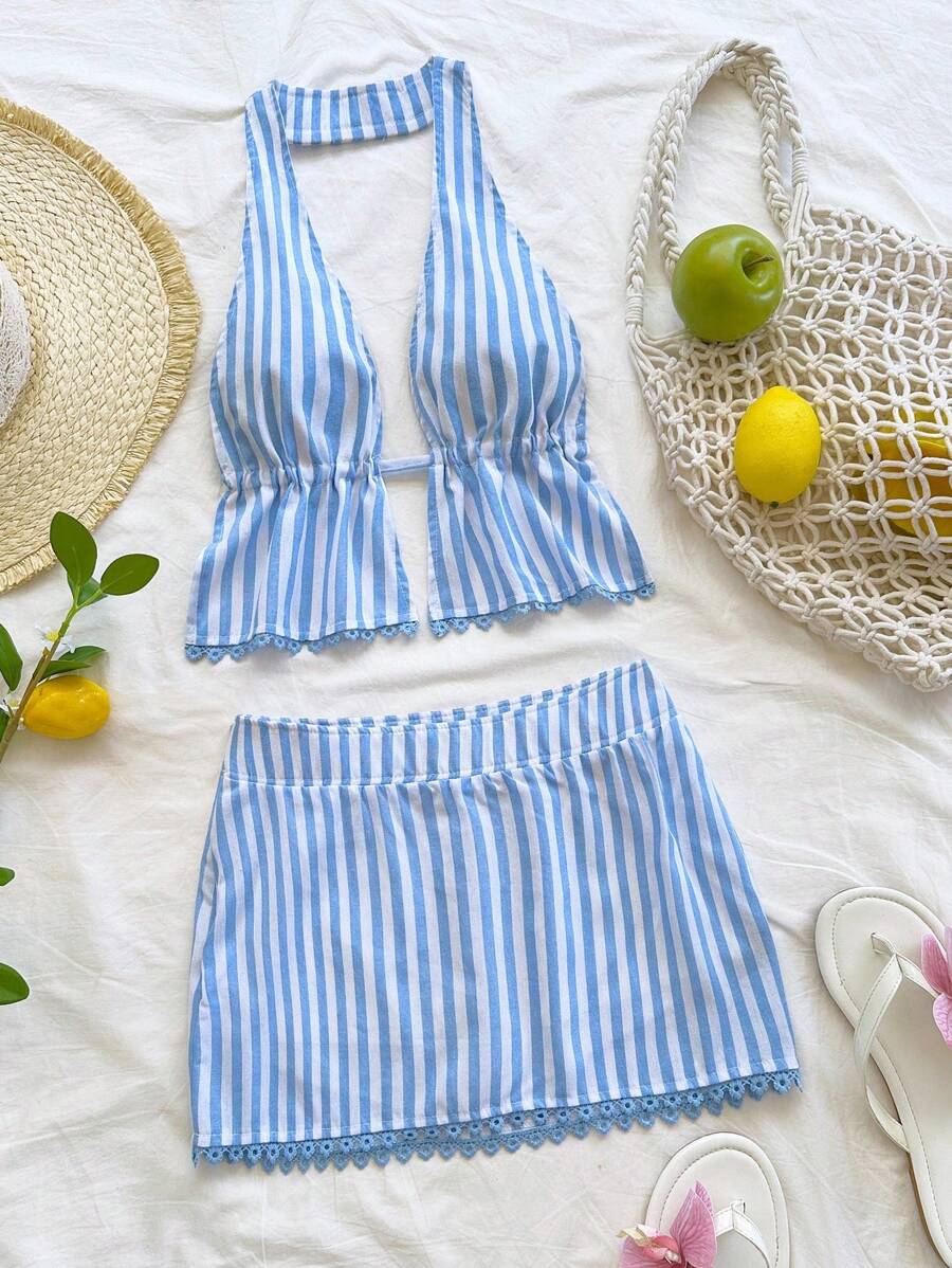 Soleia Textured Floral Trim Halter Cropped Backless Tie-Up Waist 2 Pieces Outfit For Women, Sexy Party Date Summer Wear For Vacation, Music Festival, Boho - Blue and White - View 1
