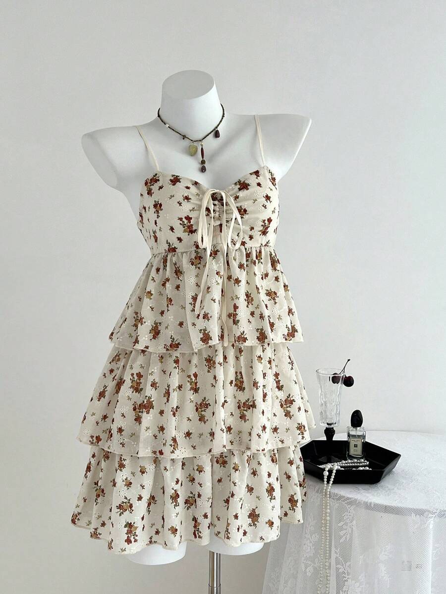 Elamini Women's Casual Vacation Dress, Drawstring Tie, Embroidered Fabric - Apricot - View 1