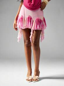 MISSGUIDED Ruffled High Waist Mini Skirt With Dramatic Pink Tie Dye Print And Waterfall Hem Detail Festival Concert Party Beachwear Statement Fashion Summer Evening - Multicolor - View 4