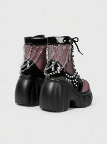 ROMWE Grunge Punk 女士黑粉撞色圆头坡跟哥特朋克暗黑铆钉链条踝靴，万圣节 - 彩色 - 查看 3