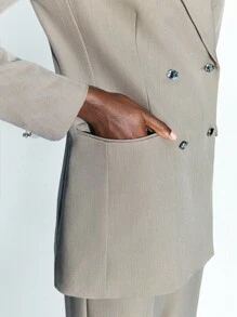 Maija 女士纯色泼墨印花翻领长袖双排扣夹克和裤子两件套休闲西装套装女式西装女式裤装西装外套套装女式西装两件套女式两件套商务休闲女装，秋季女装 - 卡其色 - 查看 8