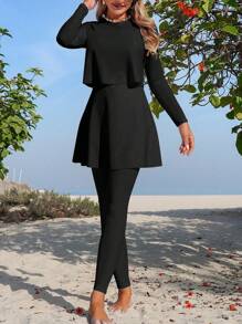 Swim Shayni 女式两件套纯色圆领长袖分层连衣裙，含全覆盖裤子，适合海滩度假穿着 - 黑色 - 查看 3