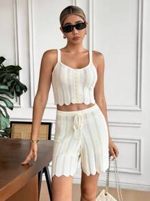 SHEIN Frenchy 2pcs Knitted Swirl Pattern Camisole Top And Shorts Set, Sweater Two Pieces Set, Women Summer Casual Vacation Knit Suit Winter - Apricot - View 5