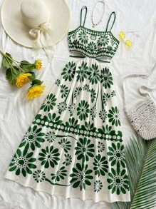 Dreamara 大码女式绿色热带花卉印花镂空系带腰部 A 字中长吊带连衣裙，度假装 - 綠色 - 查看 1