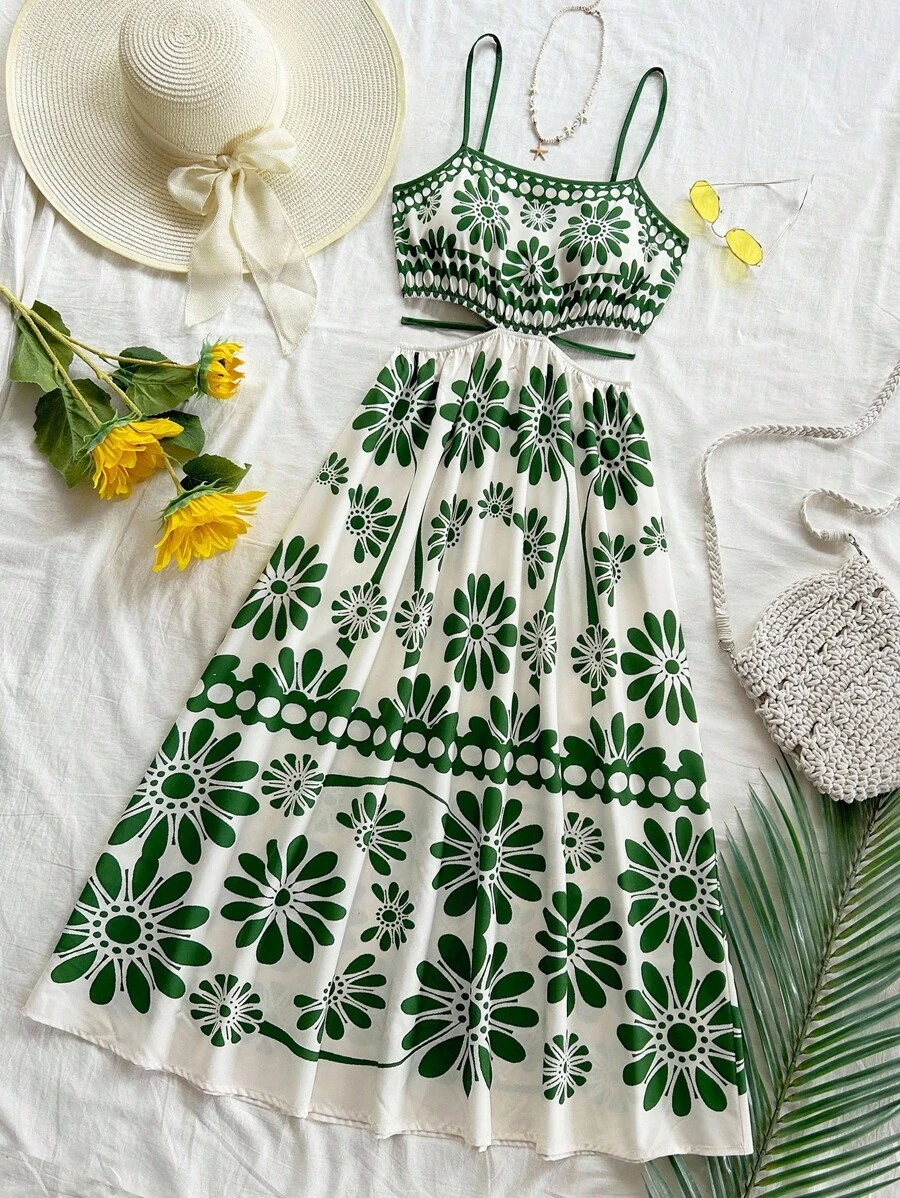 Dreamara 大码女式绿色热带花卉印花镂空系带腰部 A 字中长吊带连衣裙，度假装 - 綠色 - 查看 1