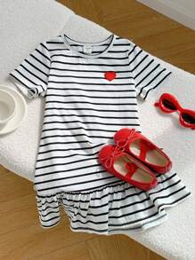 SHEIN Young Girl Knitted Stripe Heart Pattern Crew Neck Dress - Black and White - View 8