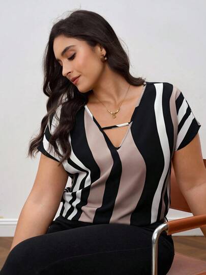 Chikora Summer Elegant Lace Hem Plus Size Shirt With Flared Sleeves, Suitable For Daily Wear Office Attire For Women Work Outfits For Women Work Tops For Women Summer Outfits For Women Summer Clothes Summer Vacation Outfits Summer Outfits For Woman Summer Clothes Women Elegant Blouses For Women Elegant Women's Blouses Summer Tops