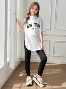 SHEIN Ensemble de 2 pièces pour jeune fille, style streetwear, t-shirt demi-zip avec col et legging noir unicolore, pour le port casual quotidien - Blanc - Voir 8