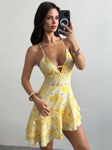 Firerie Ladies New Elegant Yellow Floral Beaded Halter Back Dress With Ruffled Skirt/Butter Yellow Skirt/School Clothes/Ountry Outfits Women /Butter Yellow Dress/Back To School Season/Tea Party/Leisure Vacation