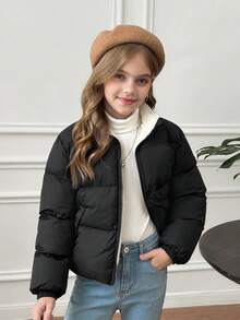 SHEIN 少女简约舒适时尚宽松短款立领羽绒服，拉链设计，简约时尚休闲，加厚设计，适合秋冬季节穿着。 - 黑色 - 查看 15