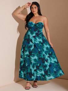 SHEIN BAE 大码女式褶皱印花长裙，春夏 - 綠色 - 查看 5