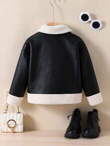 SHEIN Young Girl Woven PU Leather Long Sleeve Zip-Up Casual Jacket, Colorblock Thermal Lined Long Sleeve Jacket, Versatile For Autumn/Winter, Warm Winter Outerwear For Outdoor, Party, Snow Play,Suitable For Commuting And Outdoor Wear,Class Black & White.Mommy & Me. Fall - Black - View 5