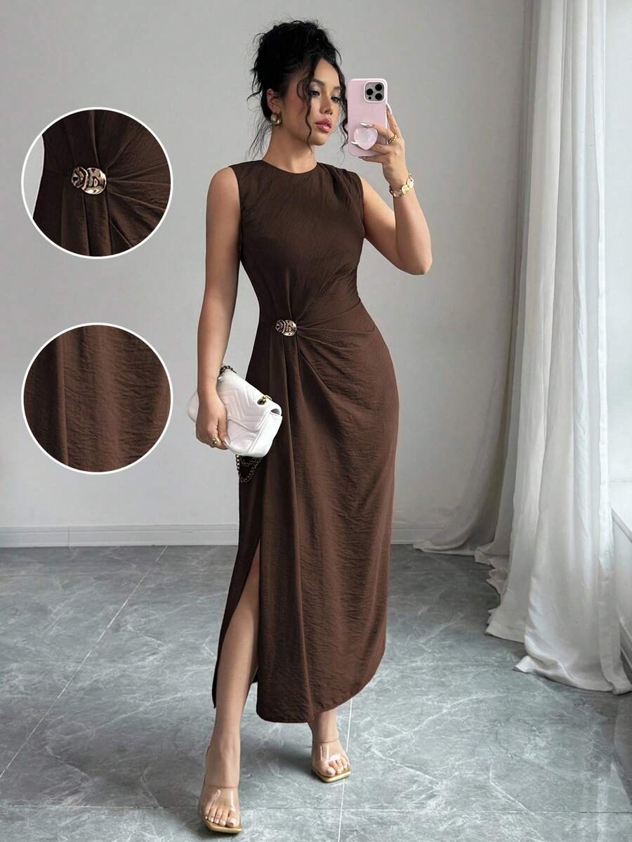 Selianne 女士优雅商务休闲太阳裙，纯色圆领收腰，金色金属扣装饰，无袖中长款，适合工作、度假、下午茶、春夏季 - 咖啡棕 - 查看 1