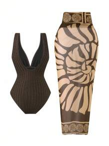 Swim Oasis 2025新款女式泳衣，提花面料纯色连体泳衣，带定位印花网眼长裙，海滩度假休闲泳衣套装，夏季