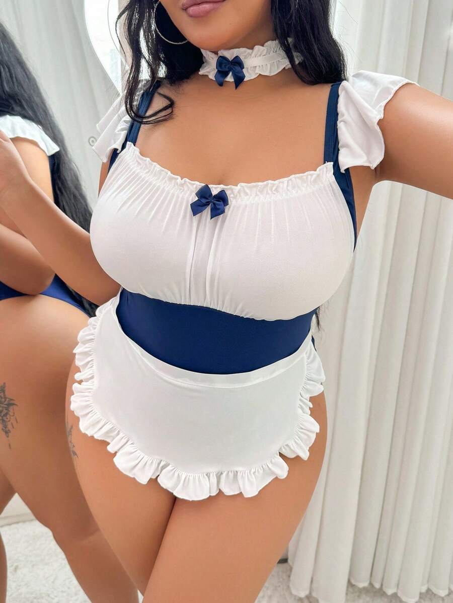 SHEIN 加大码三件套撞色褶饰胸前荷叶边内衣