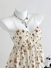 Elamini Women's Casual Vacation Dress, Drawstring Tie, Embroidered Fabric - Apricot - View 5