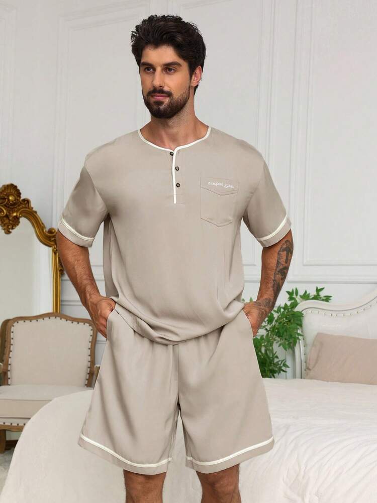 Men's Satin Fabric Letter Embroidered Half Open Collar T-Shirt Set With Casual Shorts, Summer Loungewear Pajama