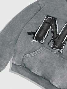 ROMWE MEN Street Life Men's Letter Applique Long Sleeve Drawstring Hooded Pocket Sweatshirt - Grey - View 4